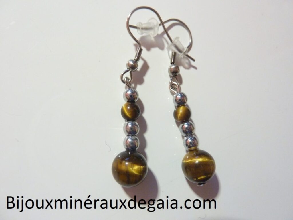 Boucles d’oreilles Oeil de tigre-Hématite perles rondes 8-4 mm