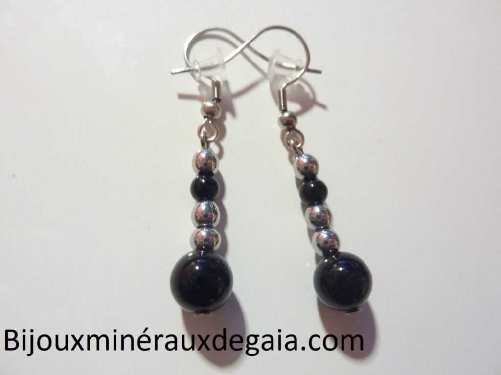 Boucles d’oreilles Tourmaline noire-Hématite perles rondes 8-4 mm