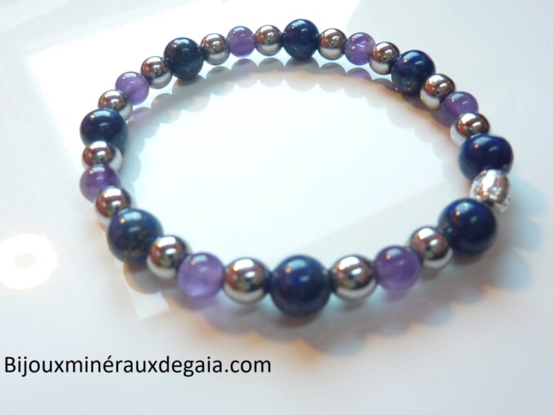 Bracelet Lapis lazuli-Améthyste-Hématite perles rondes 8-6 mm
