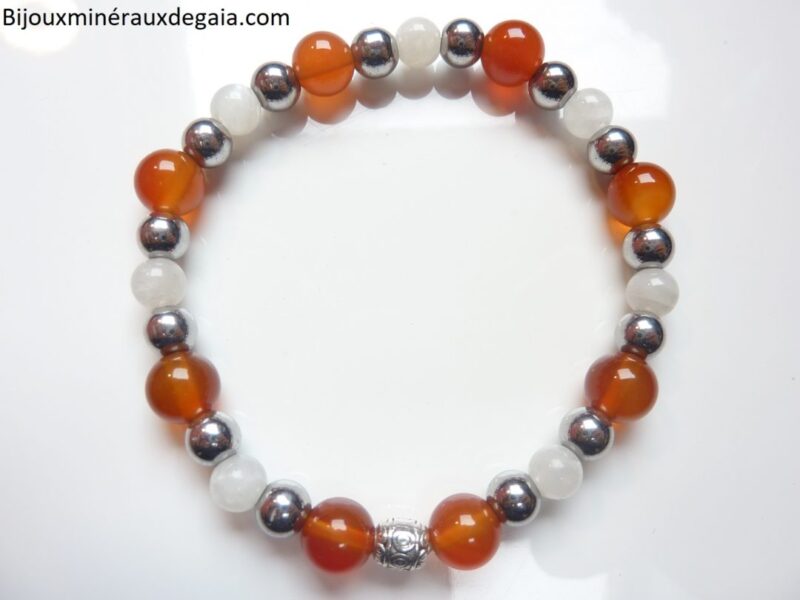 Bracelet Pierre de lune-Cornaline-Hématite: perles rondes 8-6 mm
