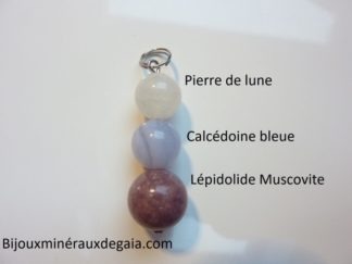 Pendentif Lépidolite-Pierre de lune-calcédoine bleue anti-stress