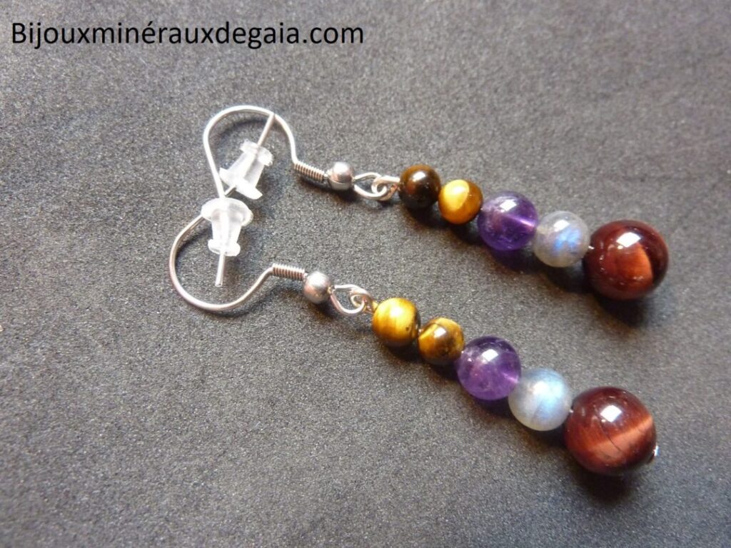 Boucles d’oreilles Oeil de tigre-Labradorite-Oeil de taureau-Améthyste