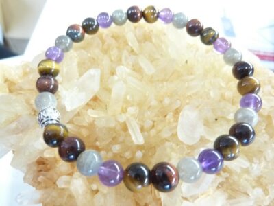 Bracelet Labradorite-oeil de taureau-oeil de tigre-améthyste-perles 6 mm