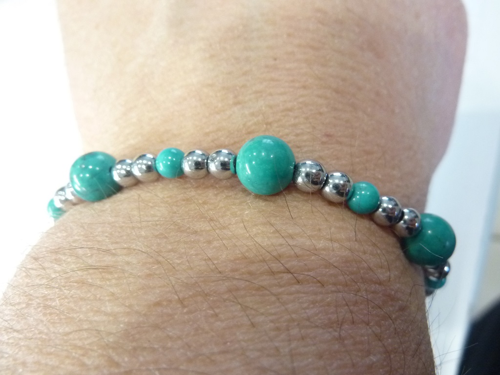 Bracelet Turquoise-Hématite perles rondes 7,5-4 mm