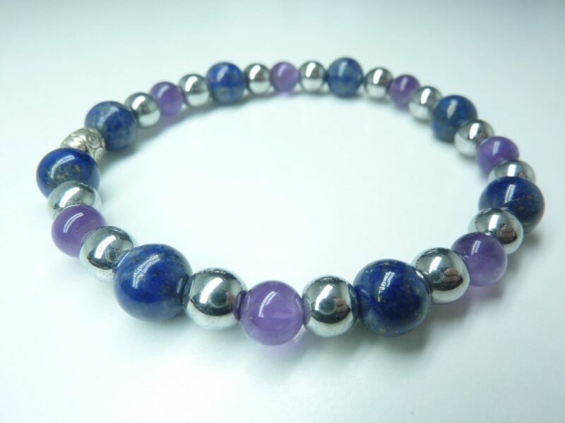 Bracelet Lapis lazuli-Améthyste-Hématite perles rondes 8-6 mm