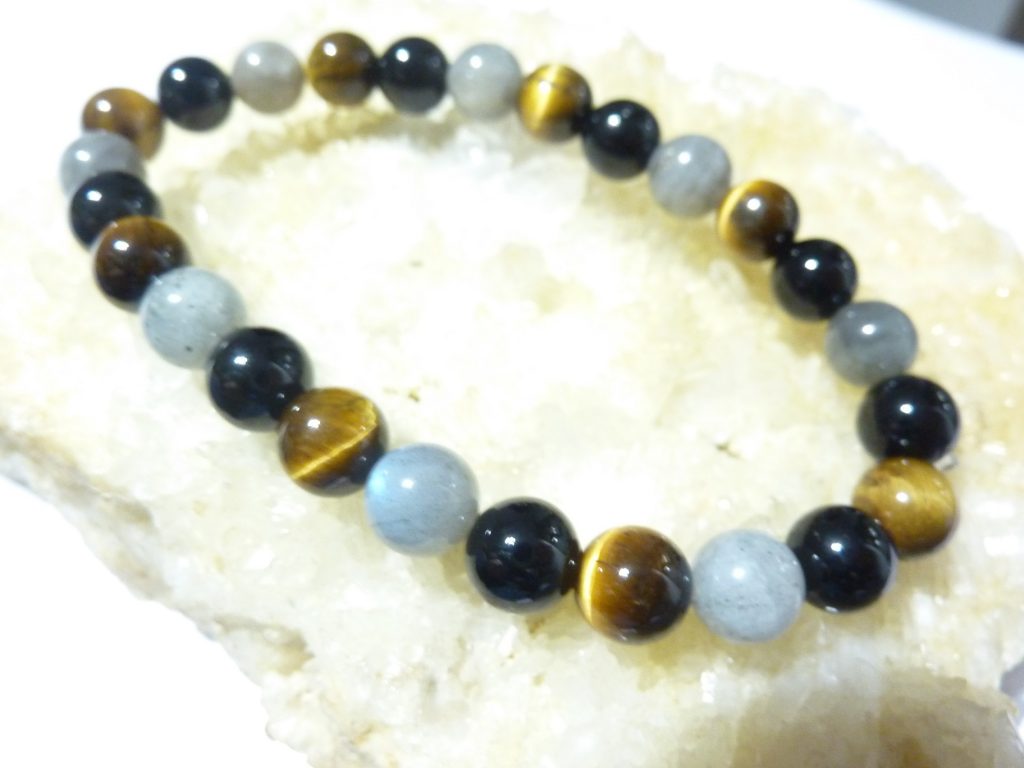 Bracelet protection Oeil de tigre-Labradorite-Tourmaline noire-perles rondes 8 mm