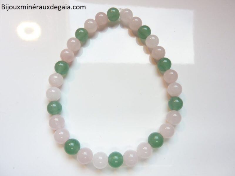 Bracelet Quartz rose-Aventurine verte perles rondes 6 mm