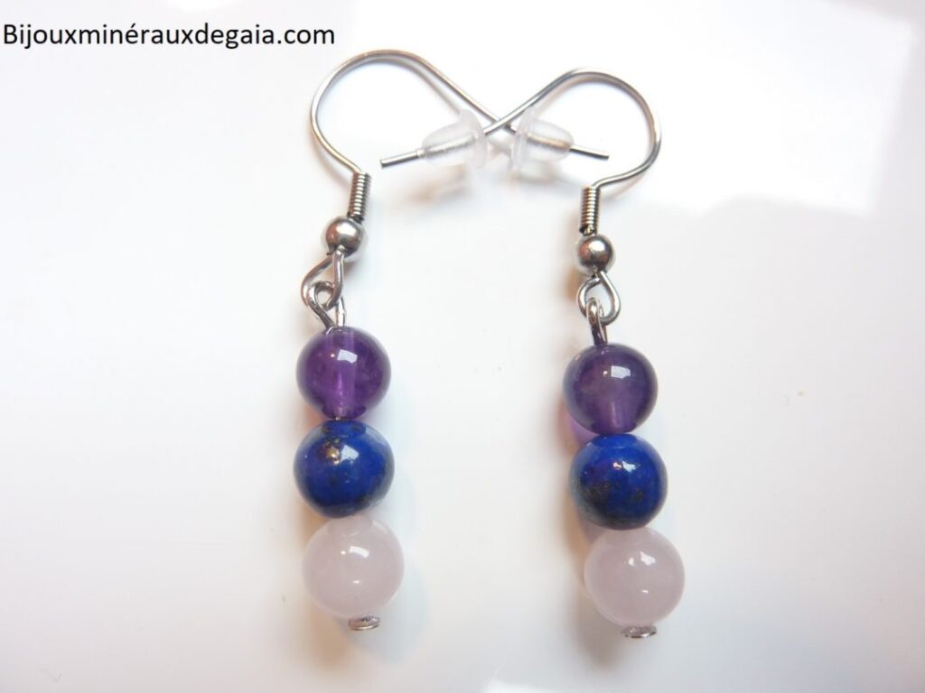 Boucles d’oreilles Améthyste-Lapis lazuli-Quartz rose perles rondes 6 mm