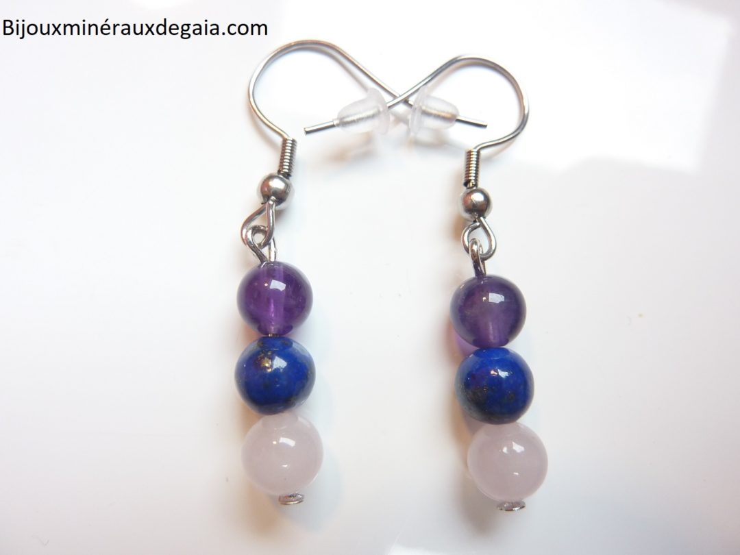 Boucles d'oreilles Améthyste-Lapis lazuli-Quartz rose perles rondes 6 mm