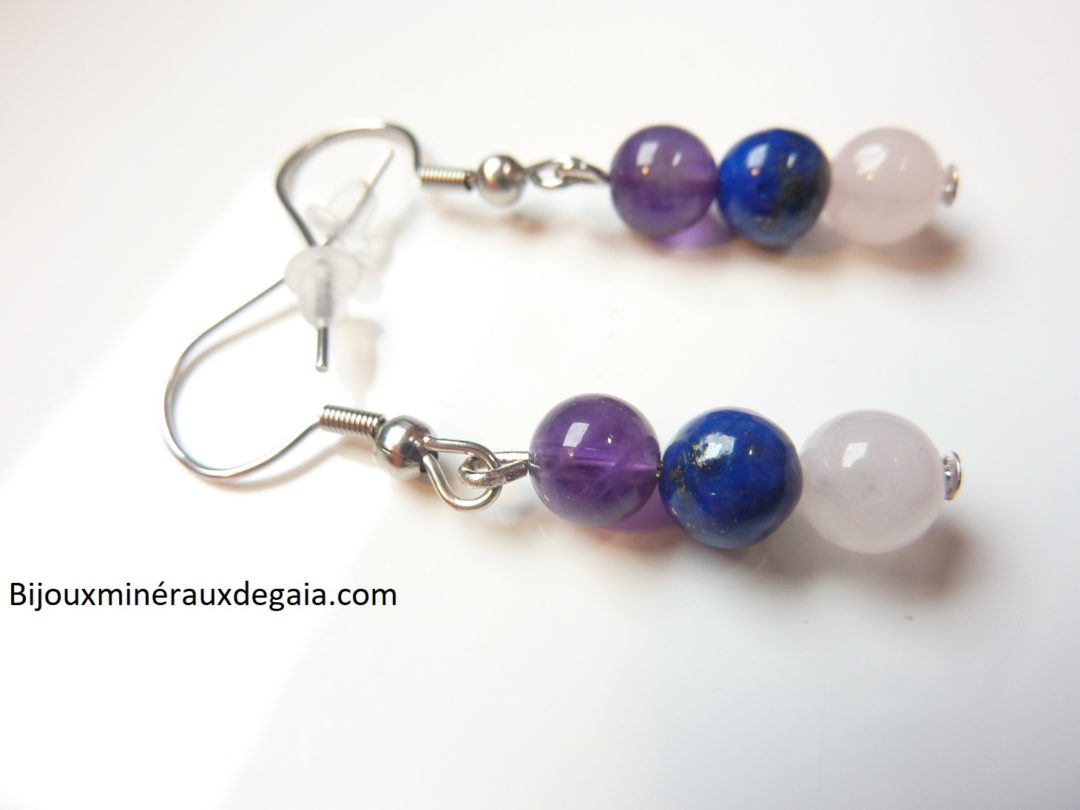 Boucles d'oreilles Améthyste-Lapis lazuli-Quartz rose perles rondes 6 mm