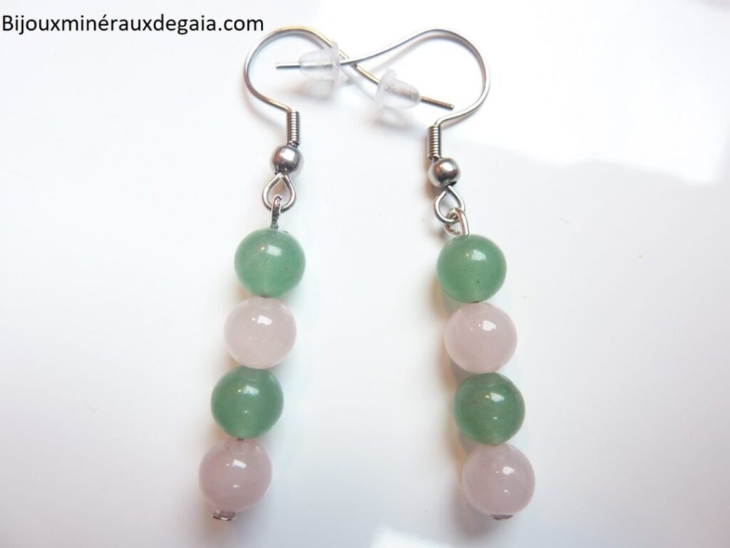 Boucles d'oreilles Quartz rose-Aventurine perles 6 mm