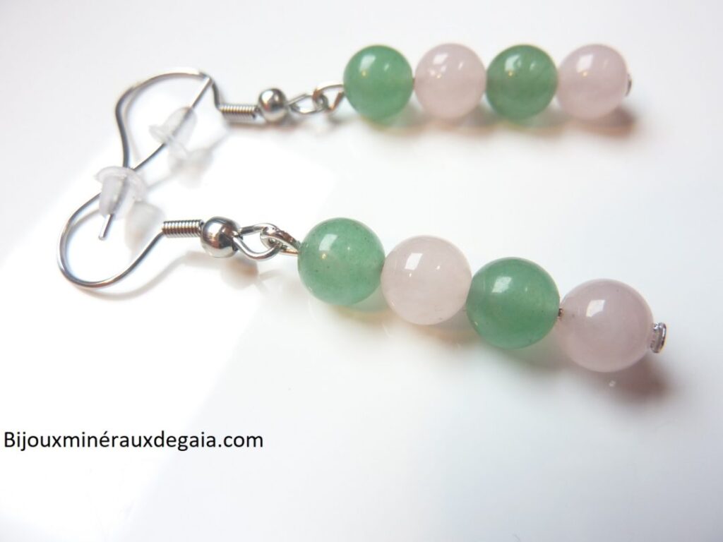 Boucles d'oreilles Quartz rose-Aventurine perles 6 mm