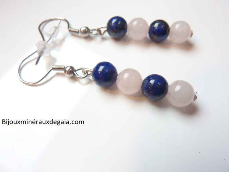 Boucles d'oreilles Quartz rose-Lapis lazuli perles 6 mm