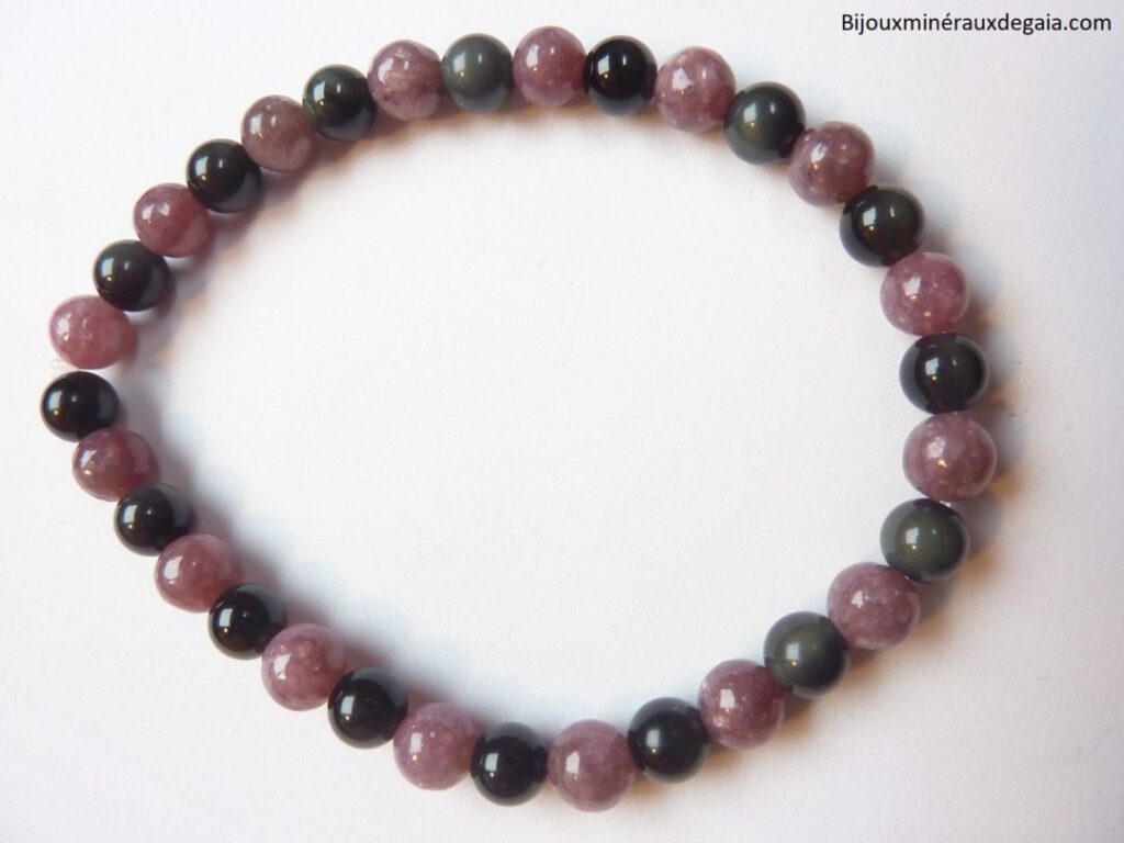 Bracelet Lépidolite-Obsidienne Oeil céleste perles rondes 6 mm Confiance en soi