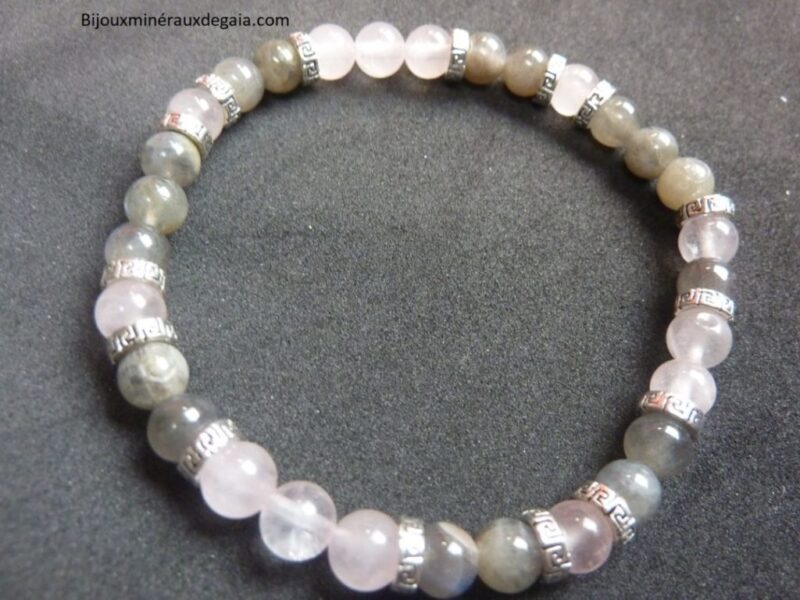 Bracelet Labradorite-quartz rose perles rondes 6 mm