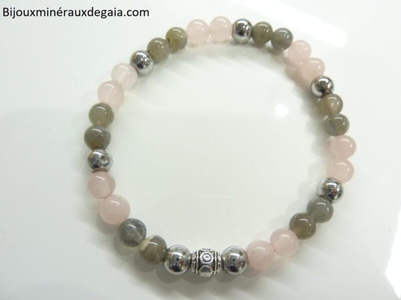 Bracelet Labradorite-hématite-quartz rose-perles rondes 6 mm