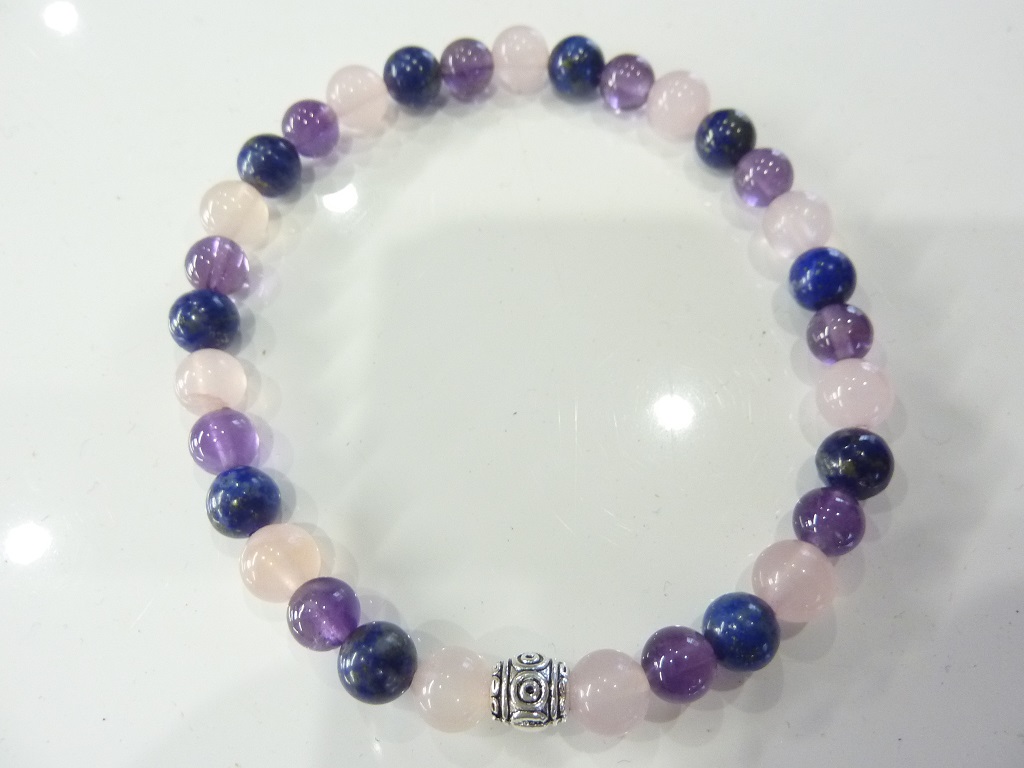 Bracelet Améthyste-Lapis lazuli-Quartz rose perles rondes 6 mm