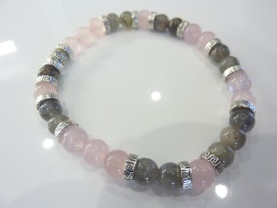 Bracelet Labradorite-quartz rose perles rondes 6 mm