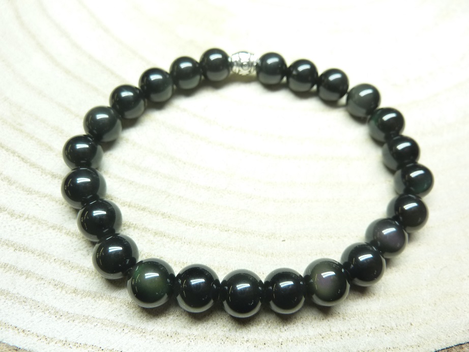 Bracelet-protection obsidienne oeil celeste perles rondes de 8mm