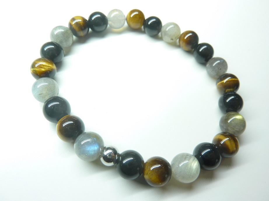 Bracelet protection oeil de tigre labradorite obsidienne oeil celeste perles rondes de 8mm