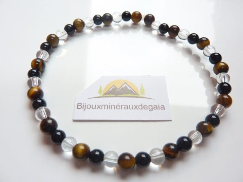 Bracelet quartz cristal de roche-Oeil de tigre-Tourmaline noire - 4 mm