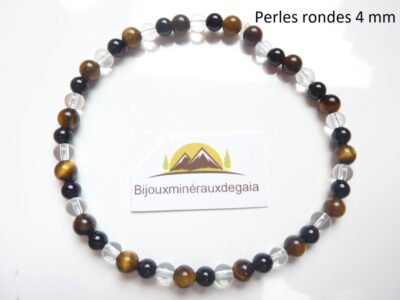 Bracelet quartz cristal de roche-Oeil de tigre-Tourmaline noire perles rondes 4 mm