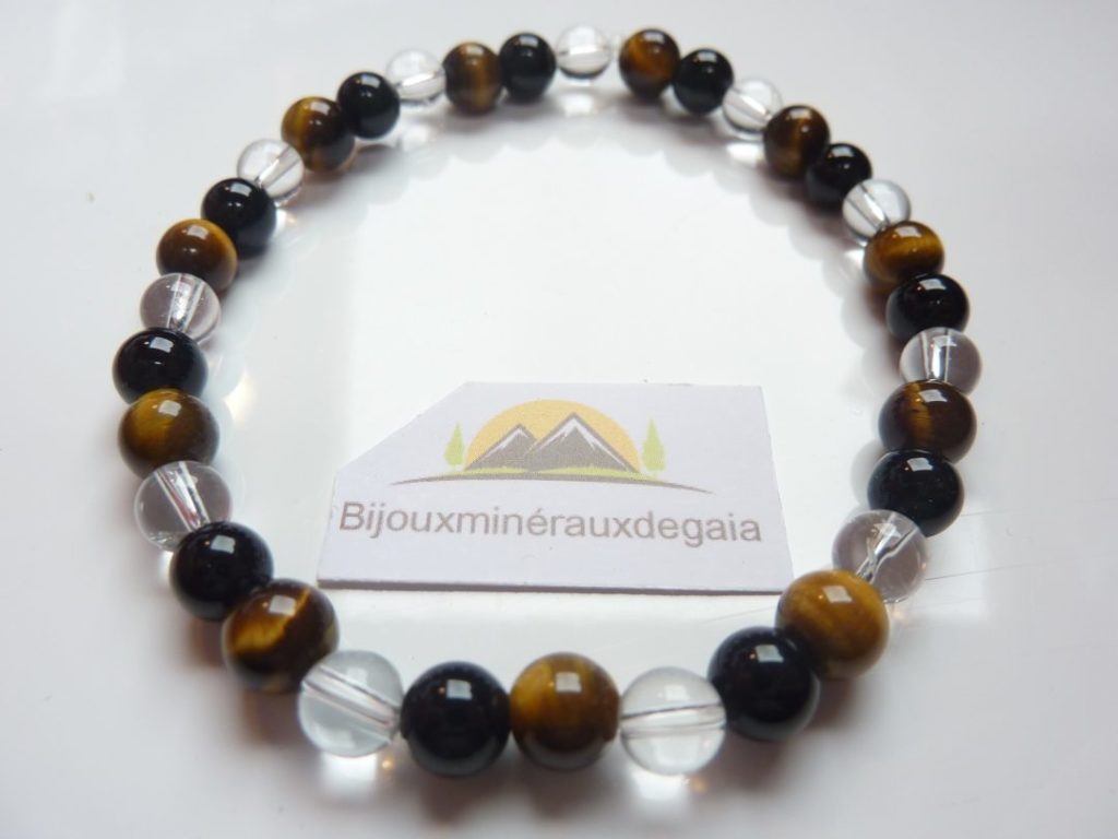 Bracelet quartz cristal de roche-Oeil de tigre-Tourmaline noire - 6 mm