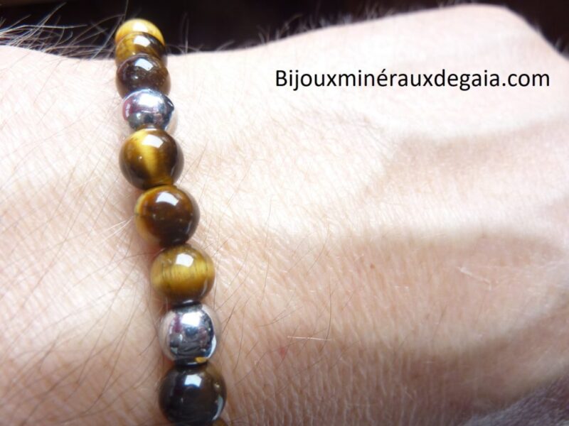 Bracelet Hématite-Oeil de tigre perles rondes 6 mm