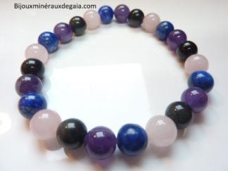 Bracelet Quartz rose-Améthyste-Lapis lazuli-Obsidienne oeil céleste perles 8 mm