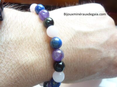 Bracelet Quartz rose-Améthyste-Lapis lazuli-Obsidienne oeil céleste perles 8 mm