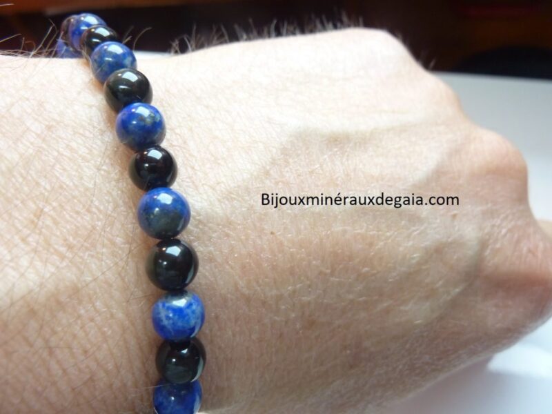 Bracelet Lapis lazuli-Obsidienne oeil céleste perles rondes 6 mm