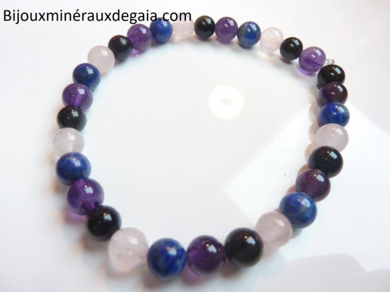 Bracelet Quartz rose-Améthyste-Lapis lazuli-Obsidienne oeil céleste perles 6 mm