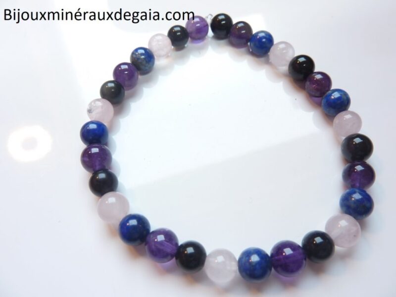 Bracelet Quartz rose-Améthyste-Lapis lazuli-Obsidienne oeil céleste perles 6 mm