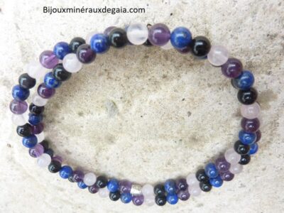 Collier-bracelet Quartz rose-Améthyste-Lapis lazuli-Obsidienne oeil céleste