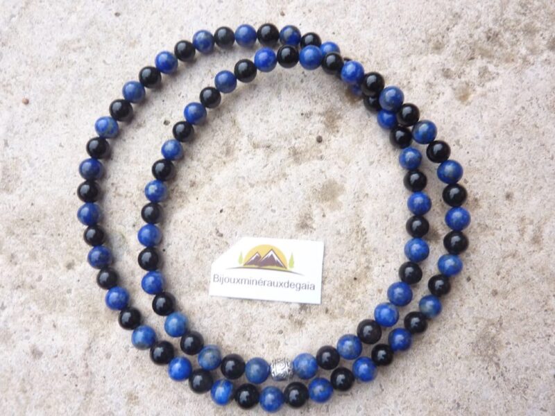 Collier Lapis lazuli-Obsidienne oeil céleste perles rondes 6 mm
