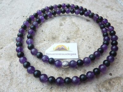 Collier ou bracelet Améthyste-Obsidienne oeil céleste perles rondes 6 mm