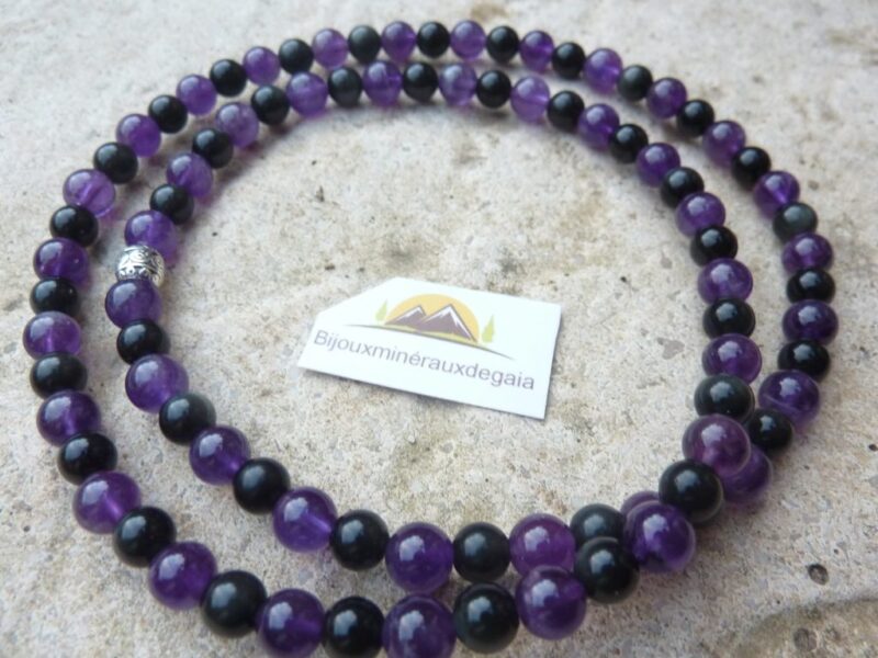 Collier Améthyste-Obsidienne oeil céleste perles rondes 6 mm