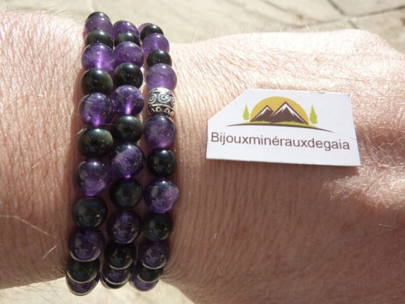 Collier ou bracelet Améthyste-Obsidienne oeil céleste perles rondes 6 mm