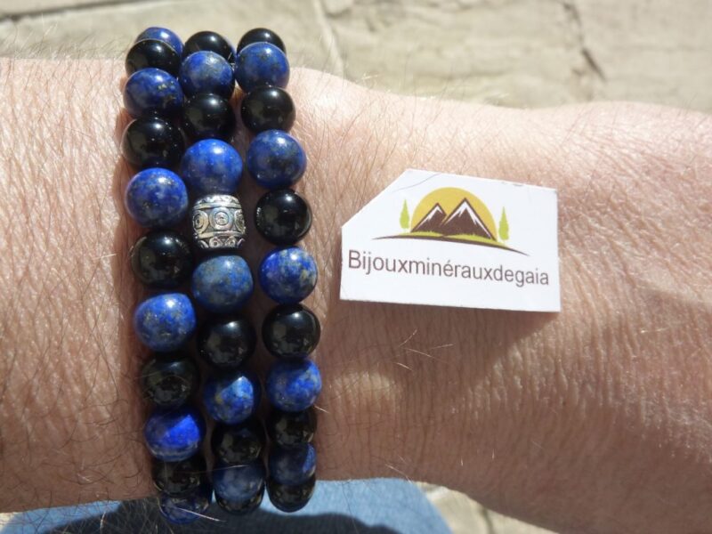 Collier ou bracelet Lapis lazuli-Obsidienne oeil céleste perles rondes 6 mm