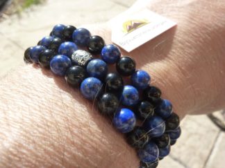Collier ou bracelet Lapis lazuli-Obsidienne oeil céleste perles rondes 6 mm