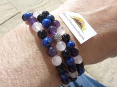 Collier-bracelet Quartz rose-Améthyste-Lapis lazuli-Obsidienne oeil céleste