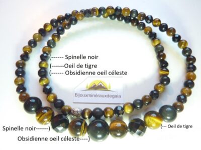 Bracelet-Collier Spinelle noir-Obsidienne Oeil céleste-Oeil de tigre
