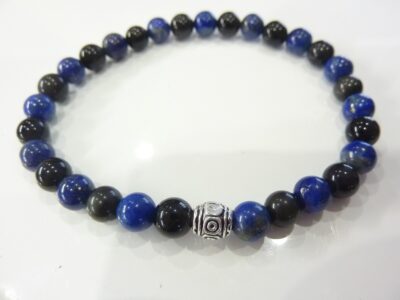 Bracelet Lapis lazuli-Obsidienne oeil céleste perles rondes 6 mm