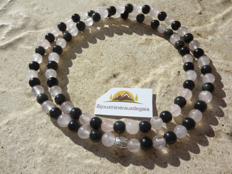 Bracelet-collier Quartz rose-Obsidienne oeil céleste perles 6 mm