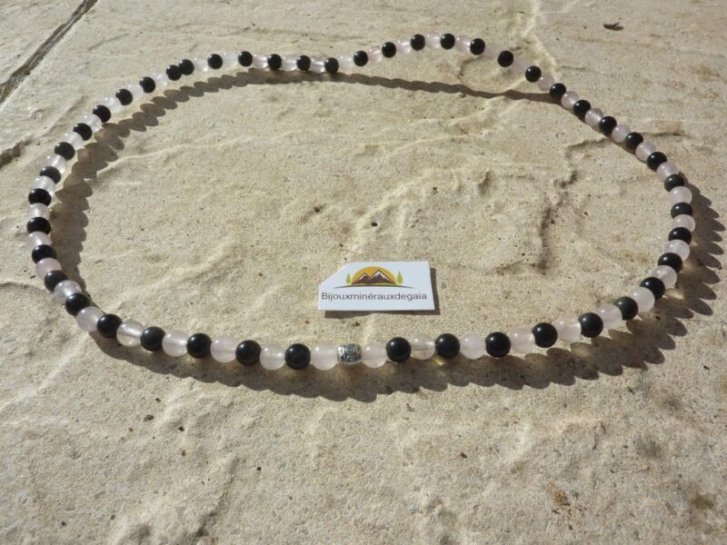 Bracelet-collier Quartz rose-Obsidienne oeil céleste perles 6 mm