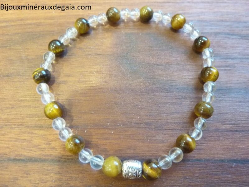 Bracelet quartz cristal de roche-Oeil de tigre-Perles rondes 6-4 mm