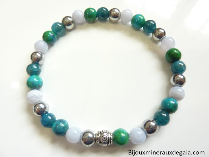 Bracelet Apatite-Hématite-chrysocolle-calcédoine bleue perles rondes 6 mm