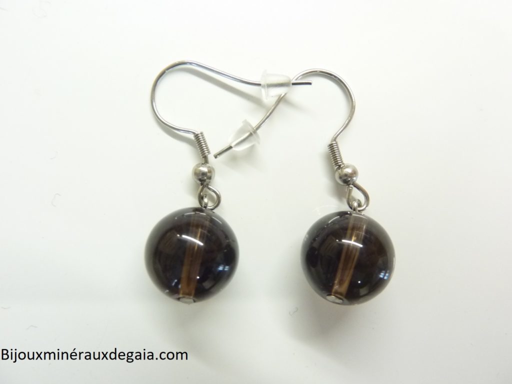 Boucles d'oreilles quartz fumé - Perles rondes 12 mm