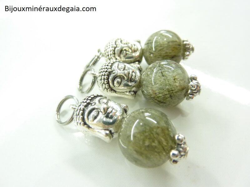 Pendentif quartz tourmaliné verte - Bouddha rare ! Perles rondes 10,5 mm