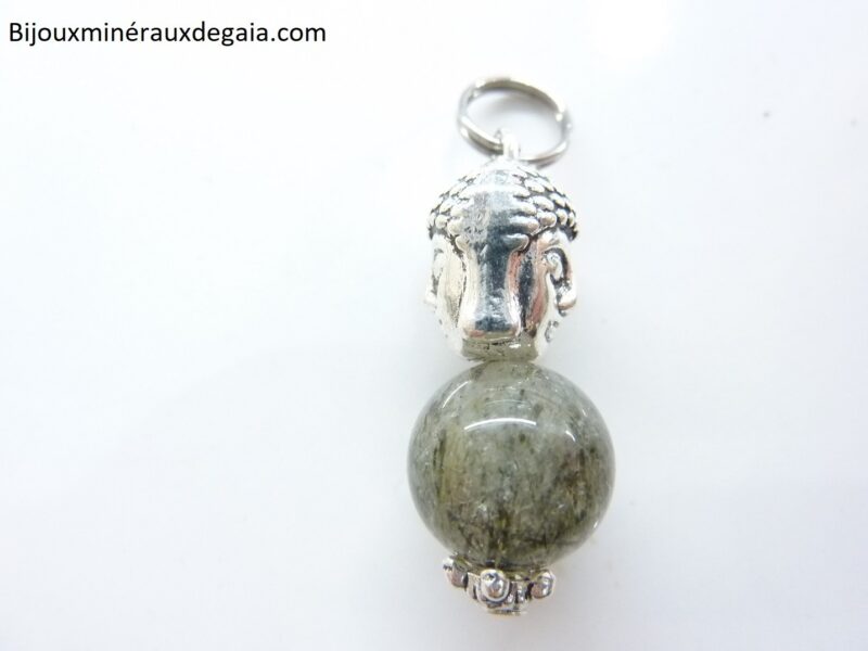 Pendentif quartz tourmaliné verte - Bouddha rare ! Perles rondes 10,5 mm